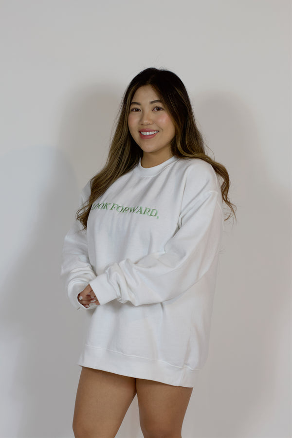 small business, female owned, crewneck, crew neck, soft, white, motivation, motivating, new year, 2023, uplifting, cute, green, embroidery, embroidered, sweater, sweat, shirt, oversized, long, sleeve, comfy, warm, cozy, simple, aesthetic, look forward, not backward, heyitsfeiii, 